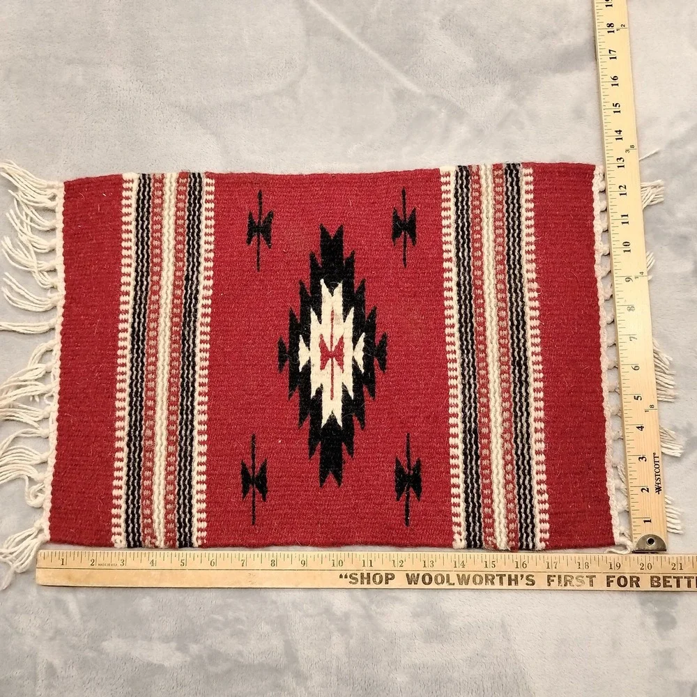Vintage Handwoven Rug Small Red Southwest Wool Tapestry Table Runner Boho Tribal